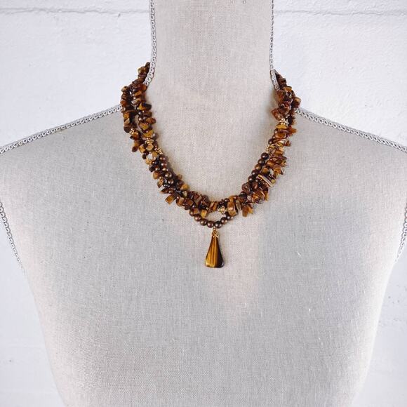 VTG Tiger's Eye Chip Bead Necklace Multi Strand 80s Gemstone Boho Jewelry 17" - Picture 9 of 11